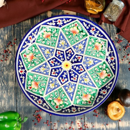 Round Laragan "Rishtan", 36 cm, green, white-blue ornament-1