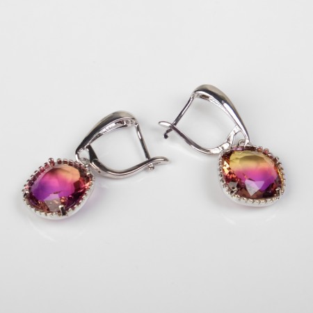 Earrings with “Illusion” rhinestones, a smooth square, raspberry-yellow color in silver-2