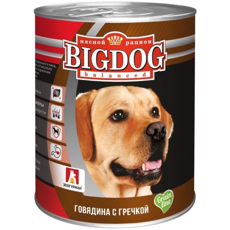 Wet Big Dog food for dogs, beef with buckwheat, railway, 850 g