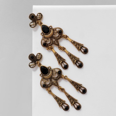 Hanging earrings with “vintage” rhinestones in patterns, black color in black gold, 7.5 cm-1