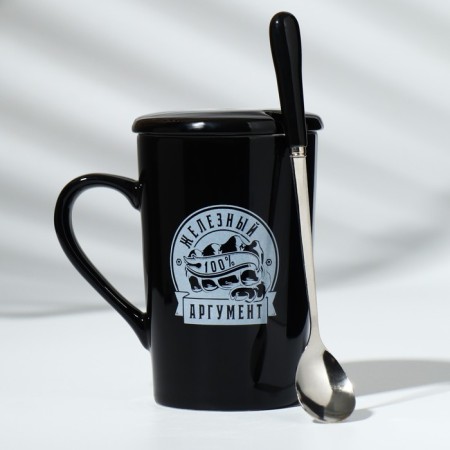 Ceramic “Argument” mug, 420 ml, with a spoon and lid, black color-3