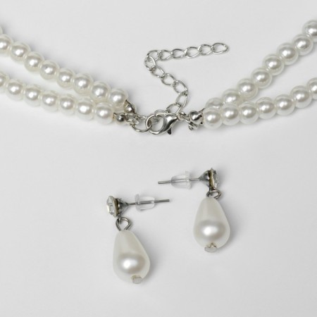 Set 2 objects: earrings, necklace "Classic" 2 threads, white color in silver, 45 cm-1