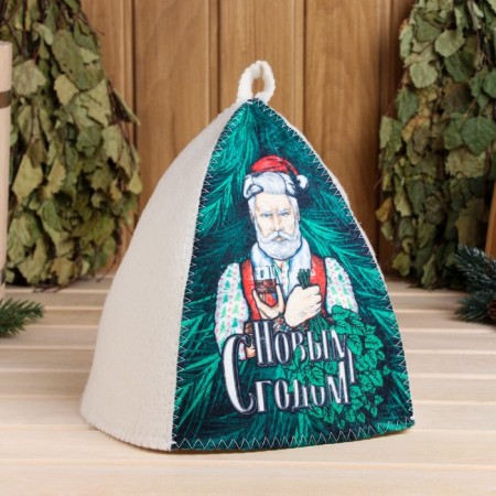 Bath cap "Happy New Year! (Santa Claus with a broom and glass) Print