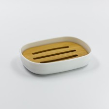 Joy Home soap dish, plastic, white with bamboo