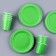 A set of paper utensils: 6 plates, 6 glasses, green color