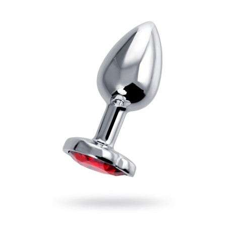 Anal plug, metal, silver, with a crystal of ruby ​​color, 7 cm, D 2.7 cm, 50 g