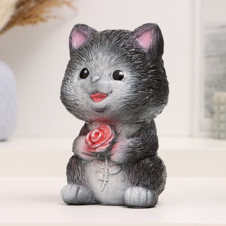 Piggy bank "Cat with flower" black, 18 cm-1