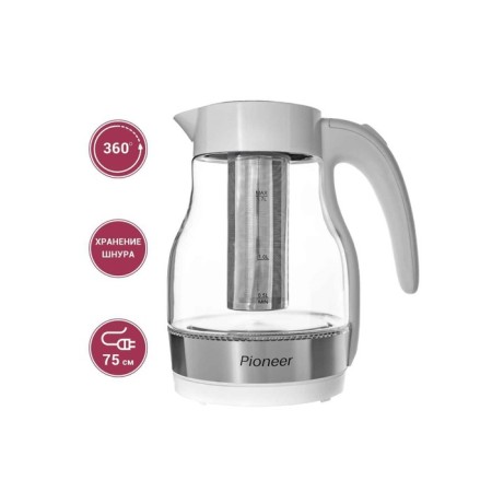 Electric kettle Pioneer KE802G, glass, 2200 watts, 1.7 l, white-7