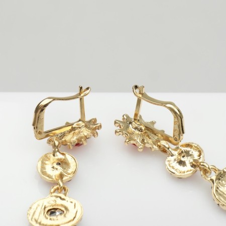 Hanging earrings with “evening” rhinestones, white-red color in gold, 7 cm-2