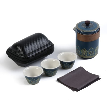 A set for a tea ceremony of 5 items per 3 persons: a cup 50 ml, a kettle 280 ml, blue-1