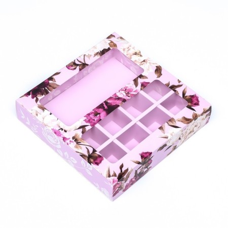 Box for 8 sweets + chocolate, with a window, "roses" 17.7 x 17.8 x 3.8 cm-2