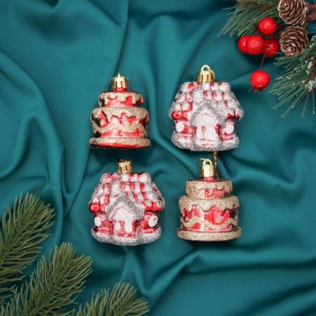 A set of jewelry plastic 4 pcs "carnival" (2 houses, 2 cakes) 7x5 cm, red