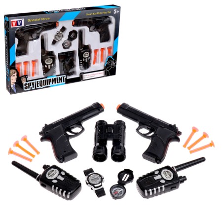 Game set of a double agent spy: 2 pistols, 2 walkie -talkies, hours, compass, binoculars