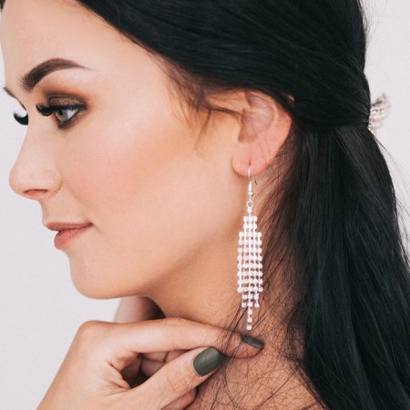 Hanging earrings with Princess rhinestones waterfall, white color in silver, 8.5 cm-2