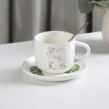 Ceramic tea set with a spoon "Botany", 2 items: a cup 200 ml, saucer, color mix