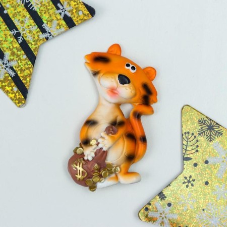 Magnet Polystone "Tigrush with a bag of gold coins" mix 7x4.7x1.8 cm-1