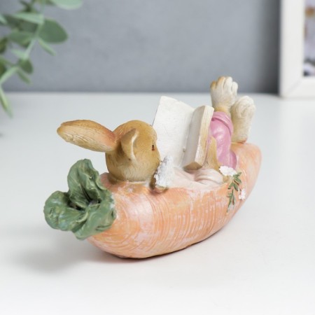 Polystone souvenir "Rabbit read a book in a carrot boat, with a bird" 6x5x14.5 cm-2