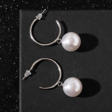 Earrings with pearls "Karelia" sphere on the ring, white color in silver, d = 2.5, bead No. 16