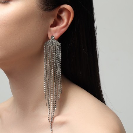 Hanging earrings with rhinestones "Waterfall" fan, white color in silver, 15.5 cm-3