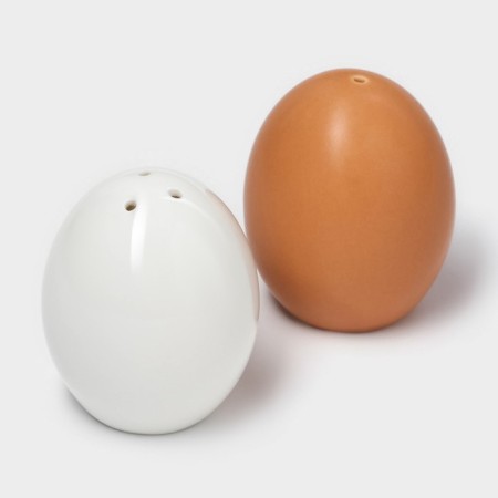 Porcelain set for spices Bellatenero “Eggs”, 3 objects: Solonka 60 ml, polling trunk 60 ml, stand, white and beige color-3