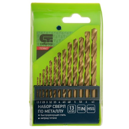 Set of metal drill "Sibrtekh", nitridtanovs, 1.5 - 6.5 mm, HSS, 13 pcs