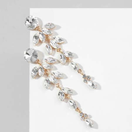 Hanging earrings with rhinestones "bun" deciduous, white color in gold, 9.5 cm-3