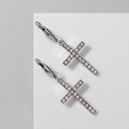 Earrings with rhinestones “crosses” on the square elongated, white color in silver-1