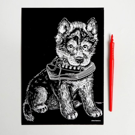 Engraving “puppy with a boot” with a metallic effect “silver” A5-2