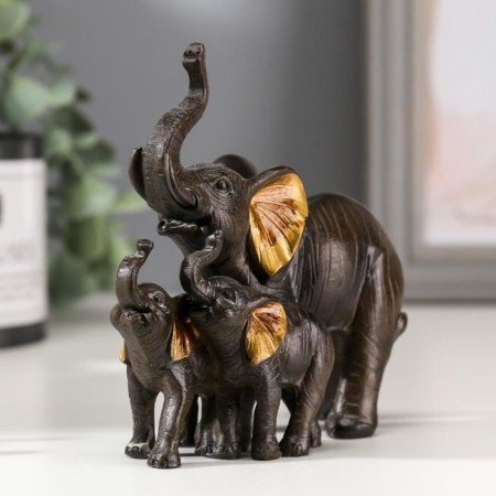 Souvenir Polystone "Elephant African Brown with elephants" Golden ears 11x12x5.5 cm-1
