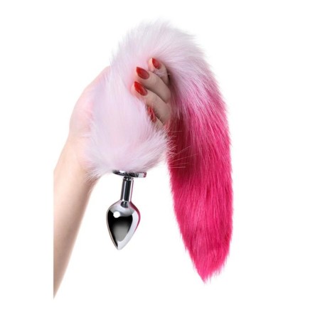 Anal plug, with a white-pink tail, metal, silver, 45 cm, d = 3.3 cm-3