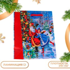 Новый год. Пакет подарочный "Дед мороз с внучкой", 11,5 х 14,5 х 6,5 см.