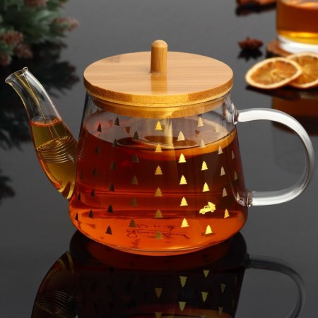 New Year. Glass teapot with bamboo lid "Miracles", 600 ml-1