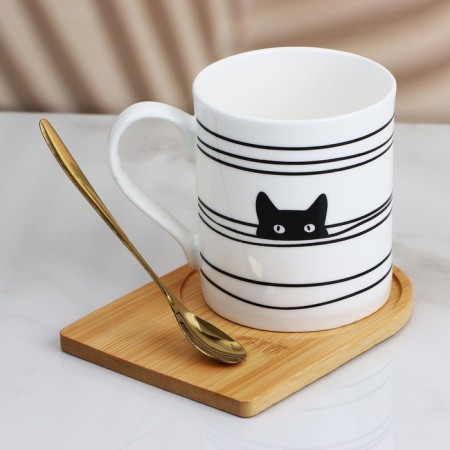 Ceramic mug on a wooden stand "Hide and Hide and Humanitudes", 330 ml, with a spoon, white color-1