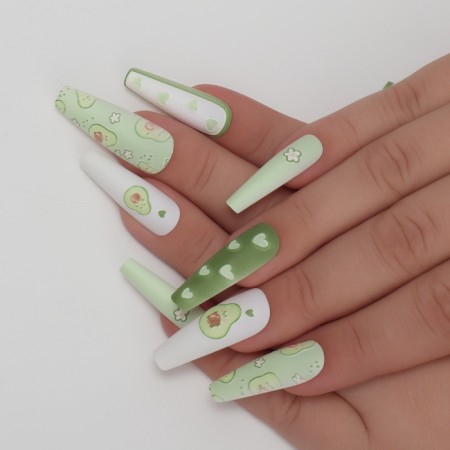 Avocado overhead nails, 12 pcs, with adhesive plates, ballerina shape, green/white color-7