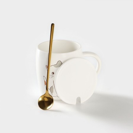 Ceramic mug with a lid and a spoon "Kitty", 350 ml, white color-1