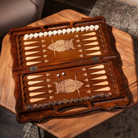 Handmade backgammon "owl", deep cutting, with a handle, 60x30 cm, with a chess field, a walnut array, Armenia-2