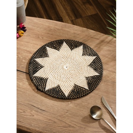 Rug-heading lane round rattan, 30x30x0.5 cm, black and white
