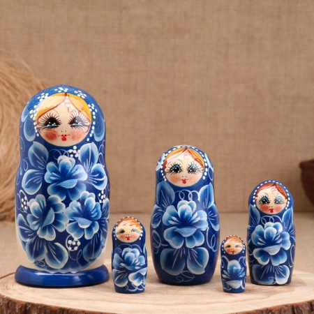 Matryoshka "Irina", blue scarf, 5-doll, 19 cm