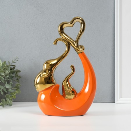 Souvenir ceramics "Elephants with heart. Abstraction" Orange with gold 7x18.5x25.5 cm