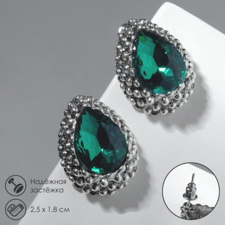 Earrings with rhinestones "Sea radiance", emerald color in black silver