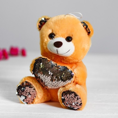 Soft toy "Bear with Heart", sequins, pink-silver