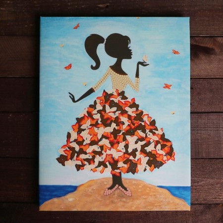Mosaic from sequins on canvas "Girl with butterflies"-2
