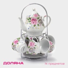 Ceramic tea service on a metal stand of the Tommy Rosa, 13 objects: 6 cups 230 ml, 6 saucer d = 14.2 cm, kettle 1 l, white color