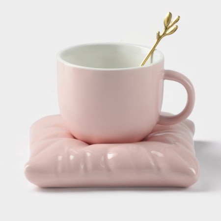 Tea steam ceramic with a spoon "Zephar", 2 items: a cup 250 ml, a saucer d = 13 cm, pink color-3