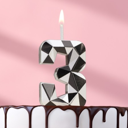 Candle for Cake "Almaz", number "3", silver metallic