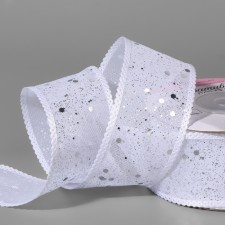 The tape is decorative, with glitter, 38 mm, 9 ± 0.5 m, white/silver color