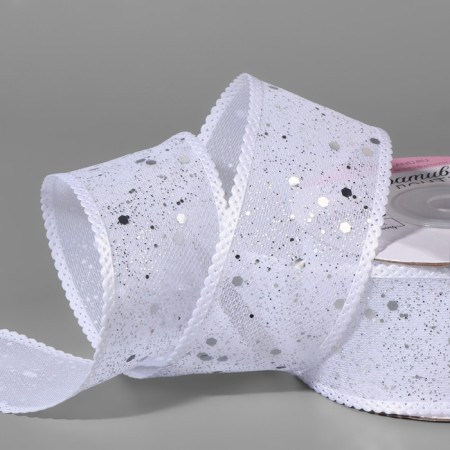 The tape is decorative, with glitter, 38 mm, 9 ± 0.5 m, white/silver color