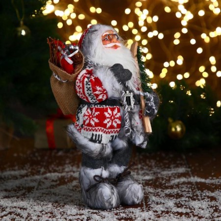 Santa Claus "In a white-red fur coat with a strap, with skis" 30 cm-1