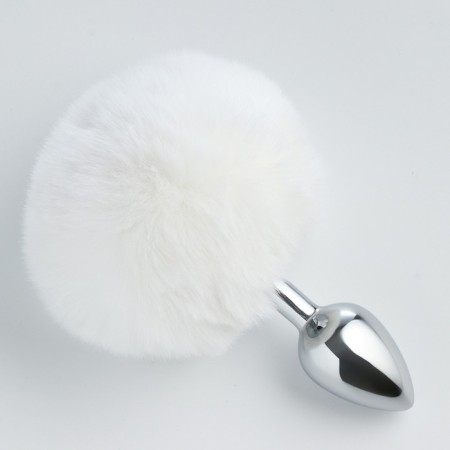 Anal plug with a fluff of the oka-hood, silver sleeve 28 mm, tail 90 mm, white-1