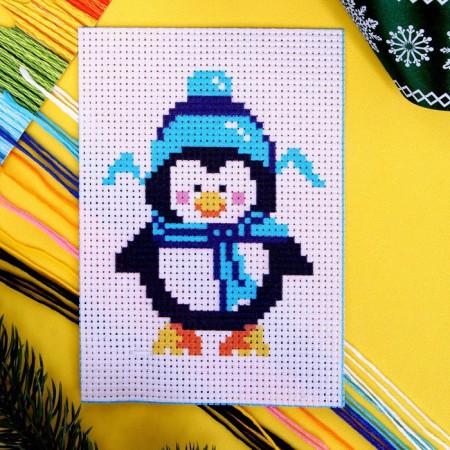 Set for creativity. New Year's embroidery with a cross "New Year! Penguin in a hat ", 14 x 10 cm-3